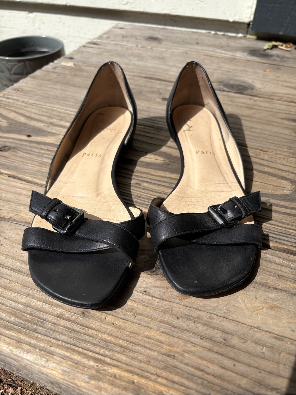 Christian Louboutin Black Leather Open-Toe Flats with Buckle Strap